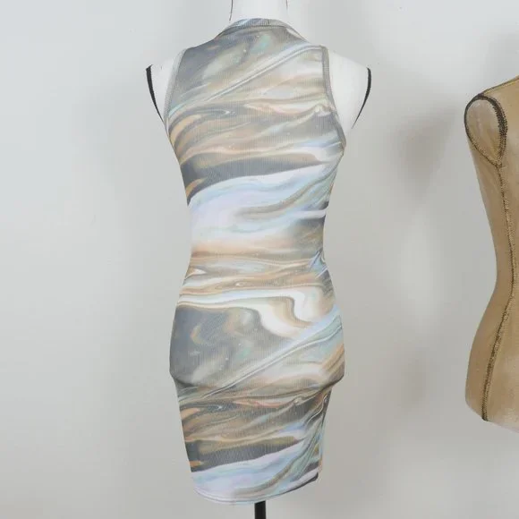 Pretty Little Thing Blue Brown Green Marble Design Size 4 Sleeveless Mini Dress - Picture 9 of 11